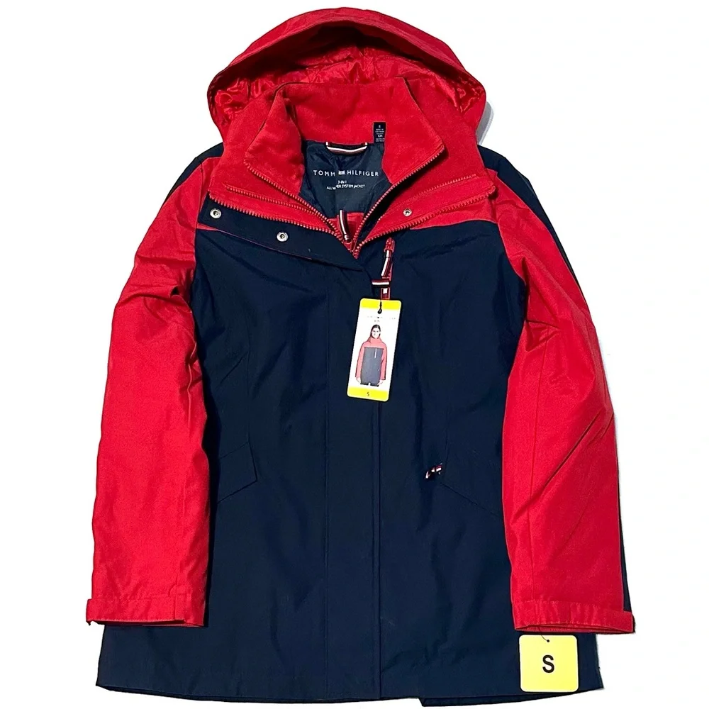 NWT TOMMY HILFIGER 3-in-1 ALL WEATHER SYSTEMS JACKET COAT RED NAVY Sz S